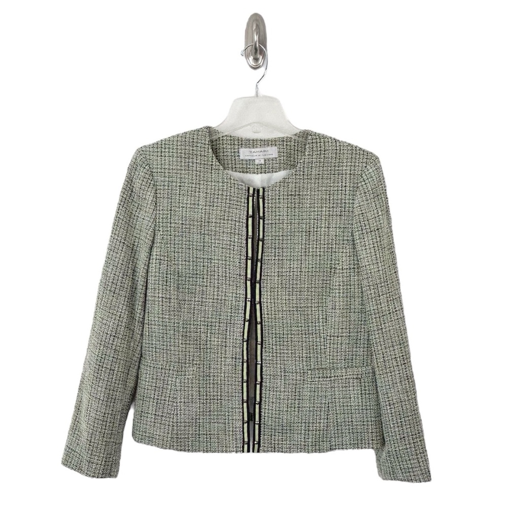 Tahari ASL Lime Chartreuse Green Black & White Open Front Flyaway Jacket Size 14
